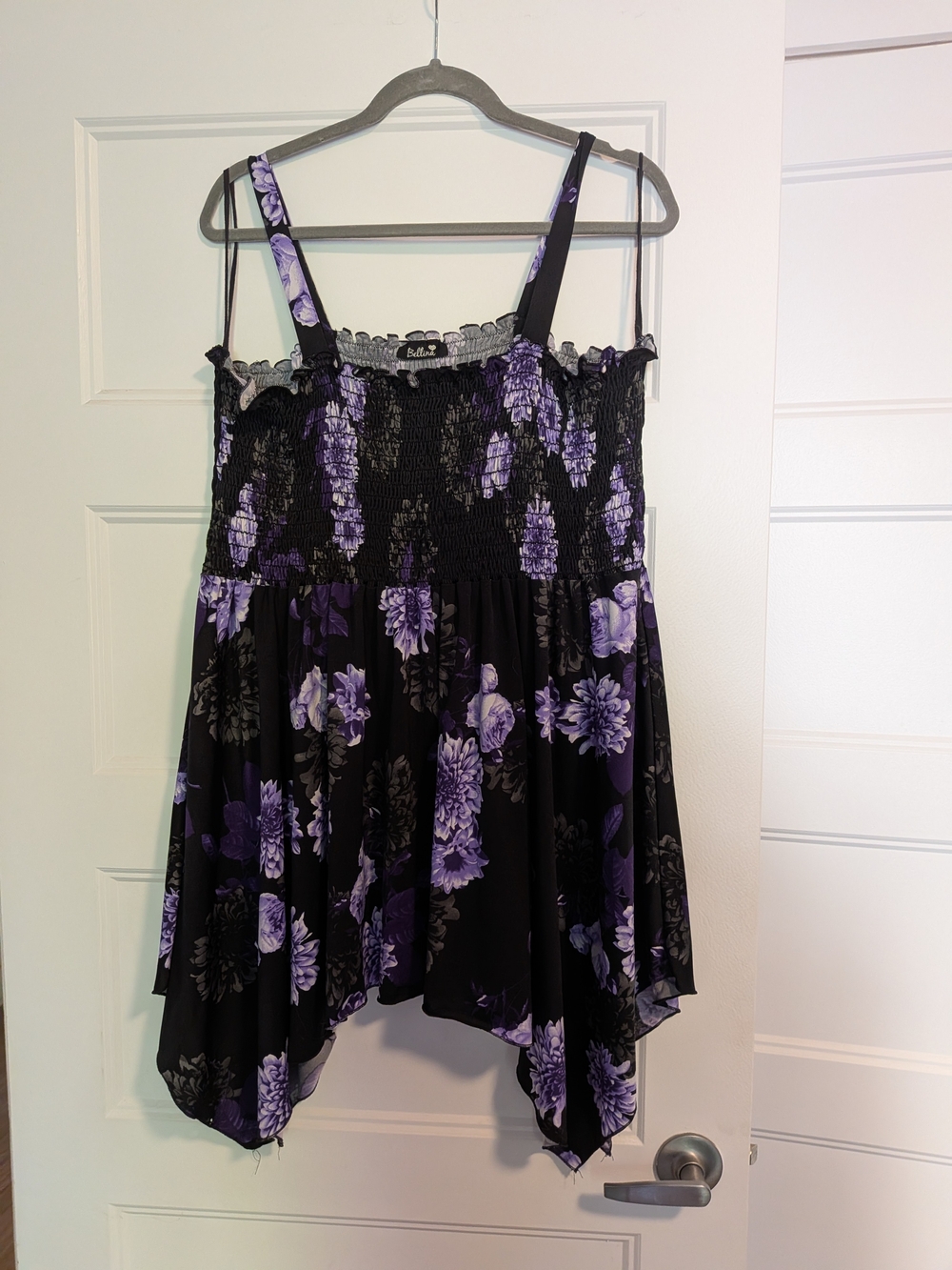 Elle Black & Purple Floral Smocked Handkerchief Hem Cami
